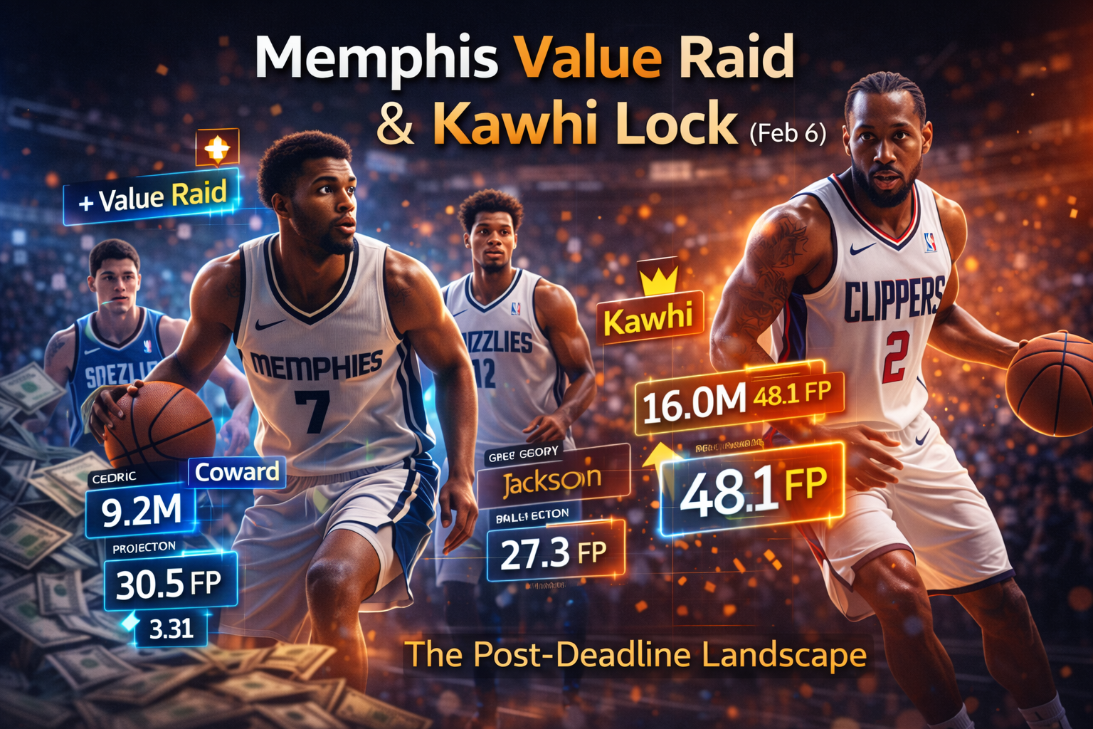 NBA DFS graphic showing Memphis players and Kawhi Leonard in action with fantasy projections and values for DailyFantasy.tips
