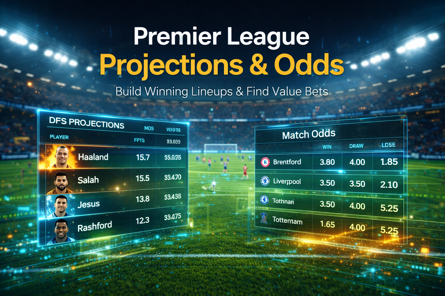 Premier League football projections and betting odds dashboard with player stats and match analysis on DailyFantasy.tips