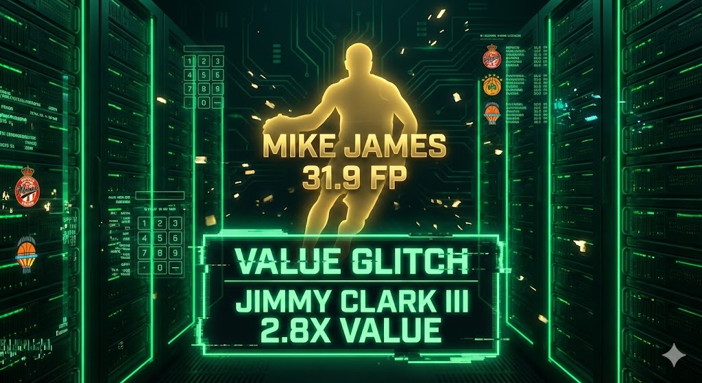 A high-tech DFS data visualization featuring a golden silhouette of Mike James with a 31.9 FP projection, highlighted against a dark background with neon green server racks and digital overlays for Jimmy Clark III at 2.8x value.