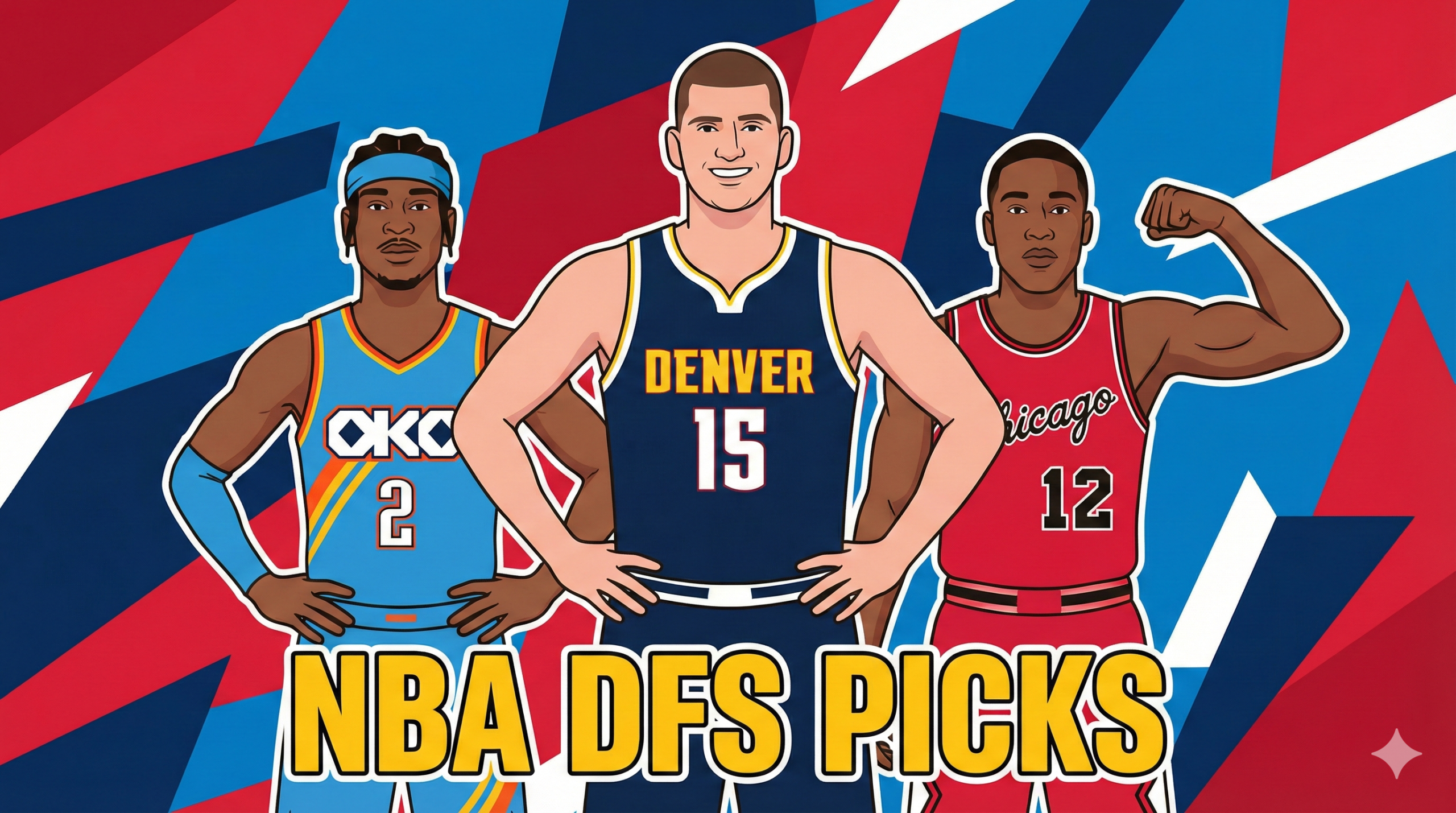 Vector illustration of three basketball players wearing Denver, OKC, and Chicago jerseys with the text NBA DFS PICKS