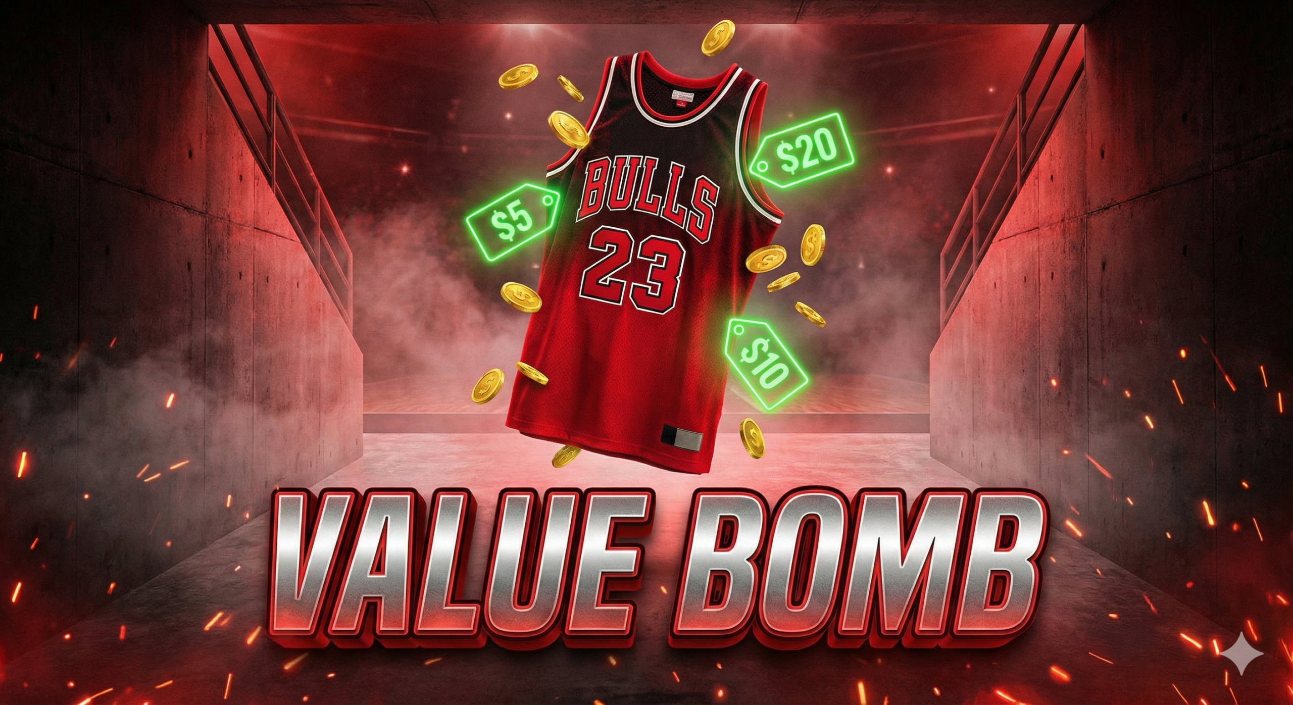 A dramatic sports illustration showing a red Chicago Bulls number 23 jersey floating in a stadium tunnel, surrounded by glowing green price tags and gold coins. The text 'VALUE BOMB' is prominently displayed in bold, metallic letters at the bottom, representing NBA DFS value picks.