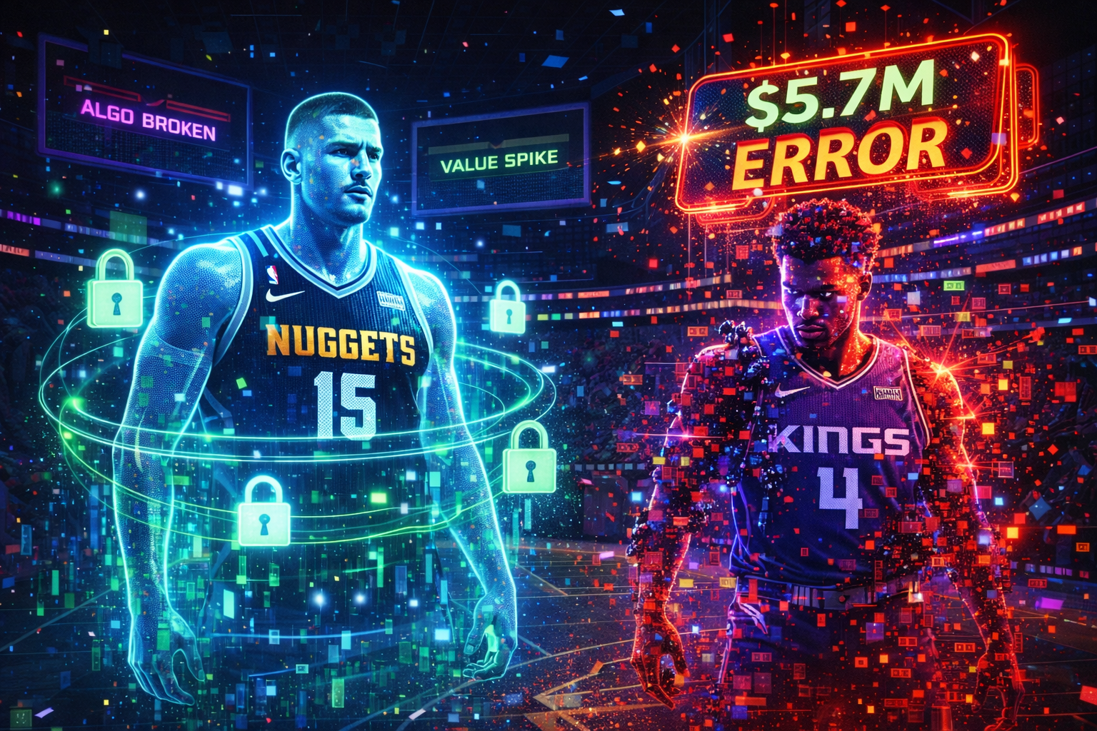 Cyberpunk NBA DFS illustration showing Nikola Jokic as a secure hologram and Devin Carter glitching with a $5.7M pricing error in a broken fantasy algorithm interface