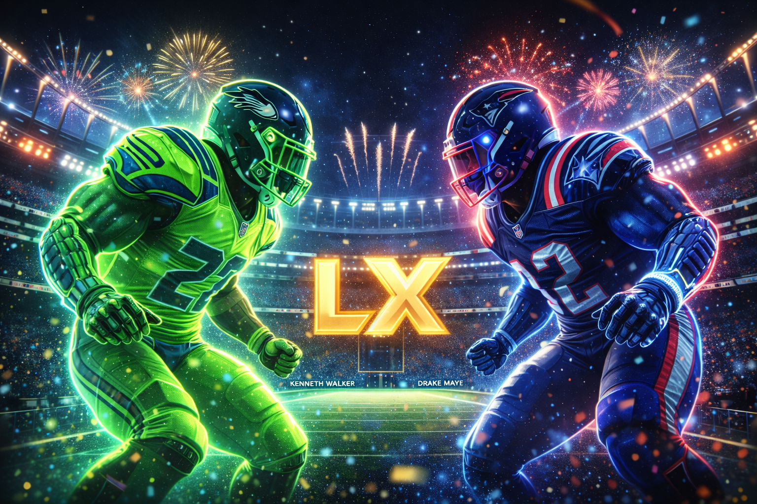 Cinematic illustration of Super Bowl LX featuring Seahawks and Patriots players facing off under stadium lights with fireworks and a glowing LX logo