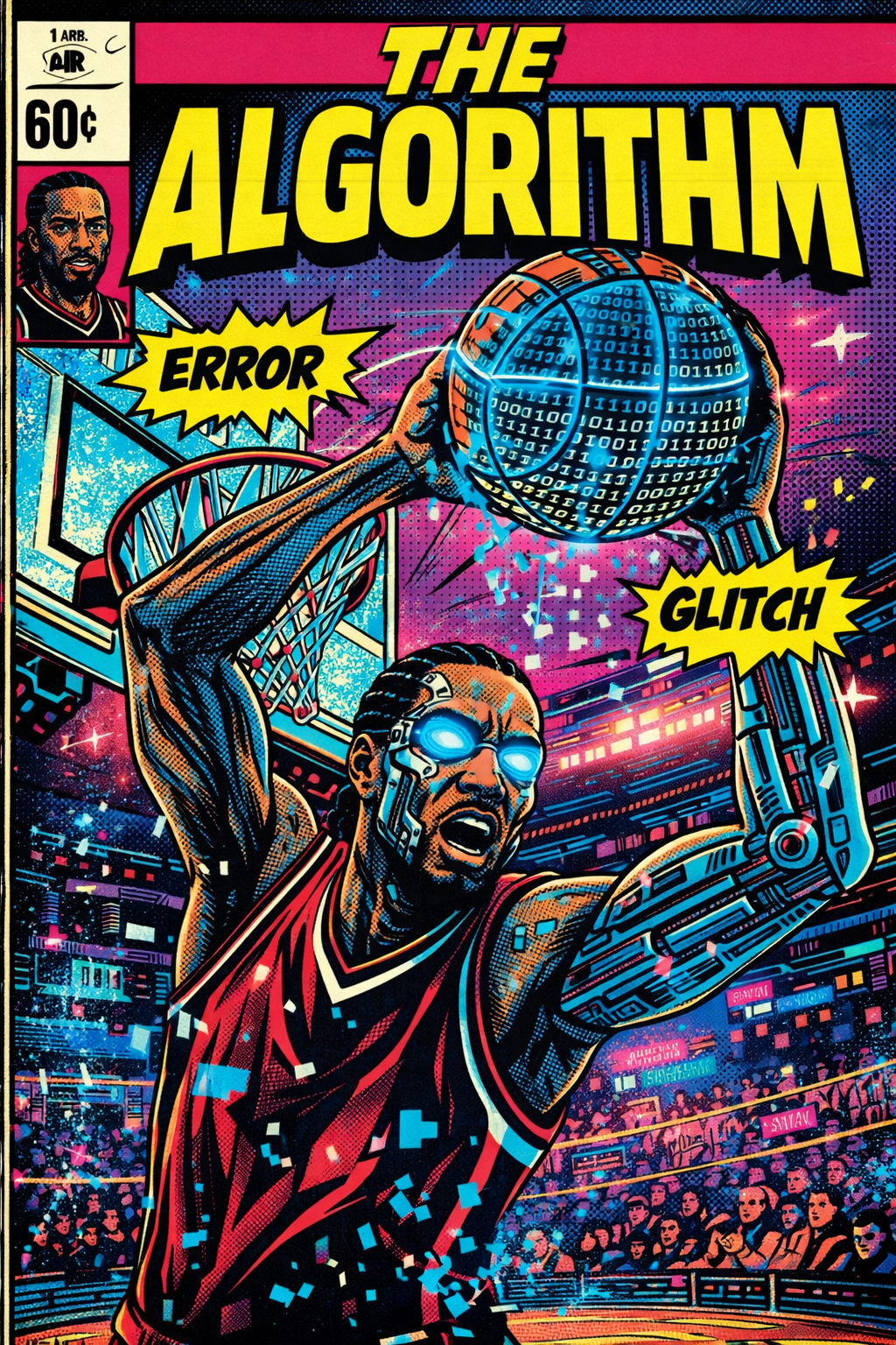 Vintage comic-style illustration of Kawhi Leonard as a cyborg dunking a digital basketball, representing NBA DFS picks and the “Kawhi Algorithm” glitch