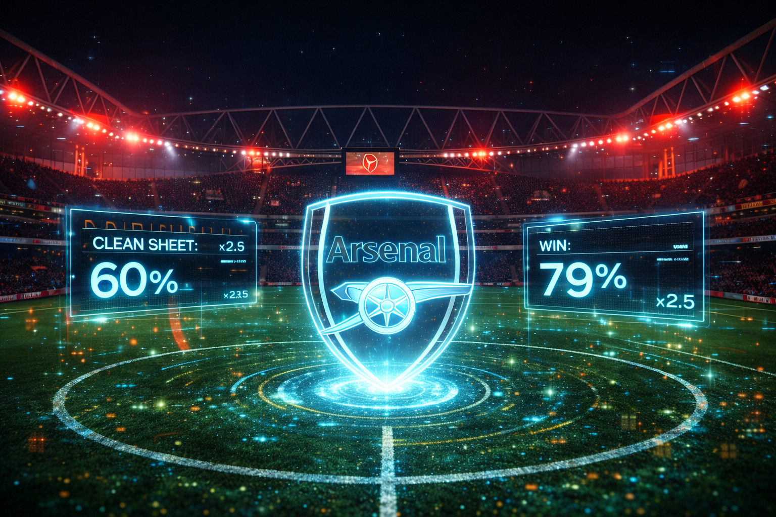 Holographic Arsenal shield at Emirates Stadium showing clean sheet probability and win percentage under night floodlights