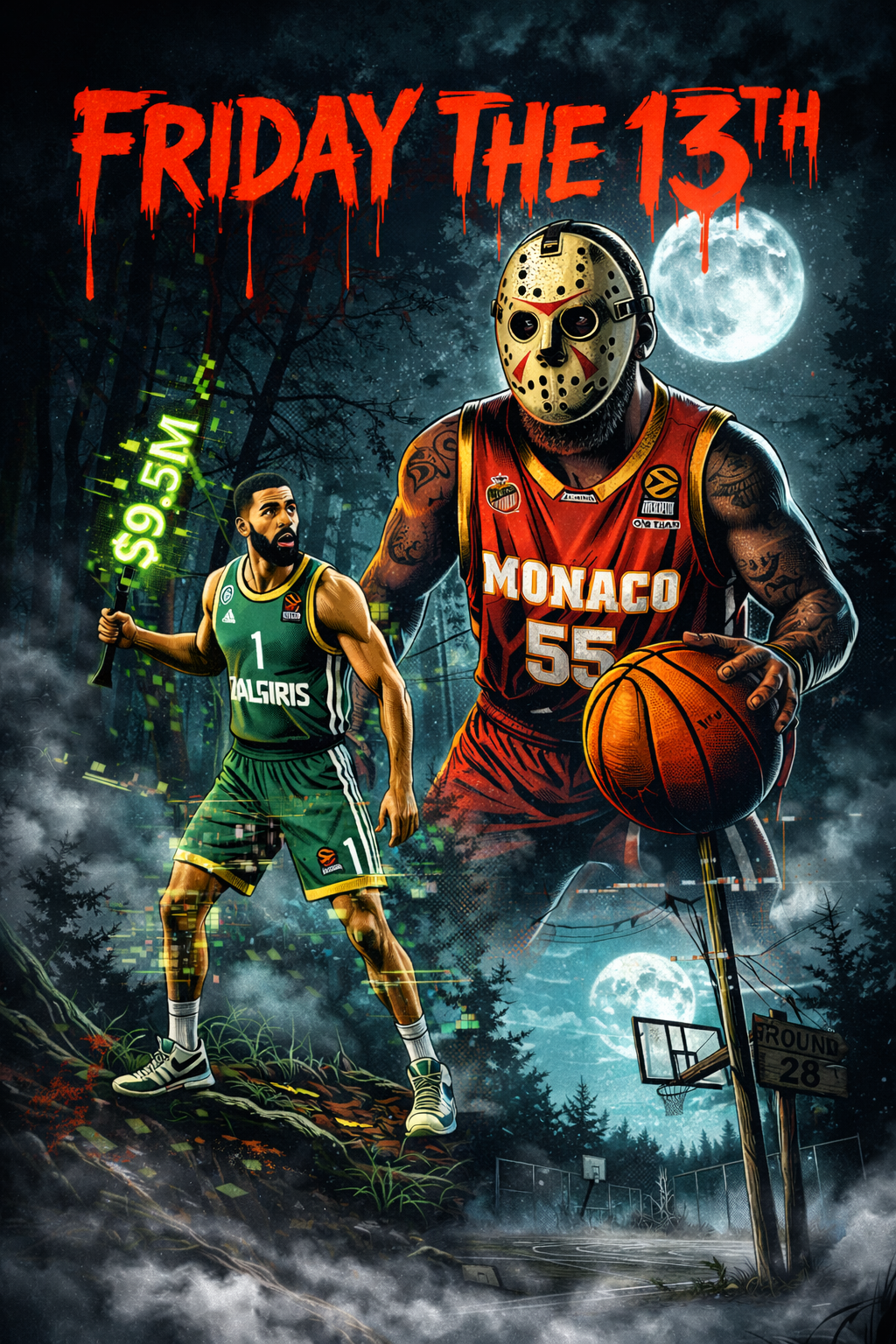 Friday the 13th comic book style illustration of Nigel Williams-Goss as the survivor and Mike James as the masked villain for EuroLeague DFS Round 28.