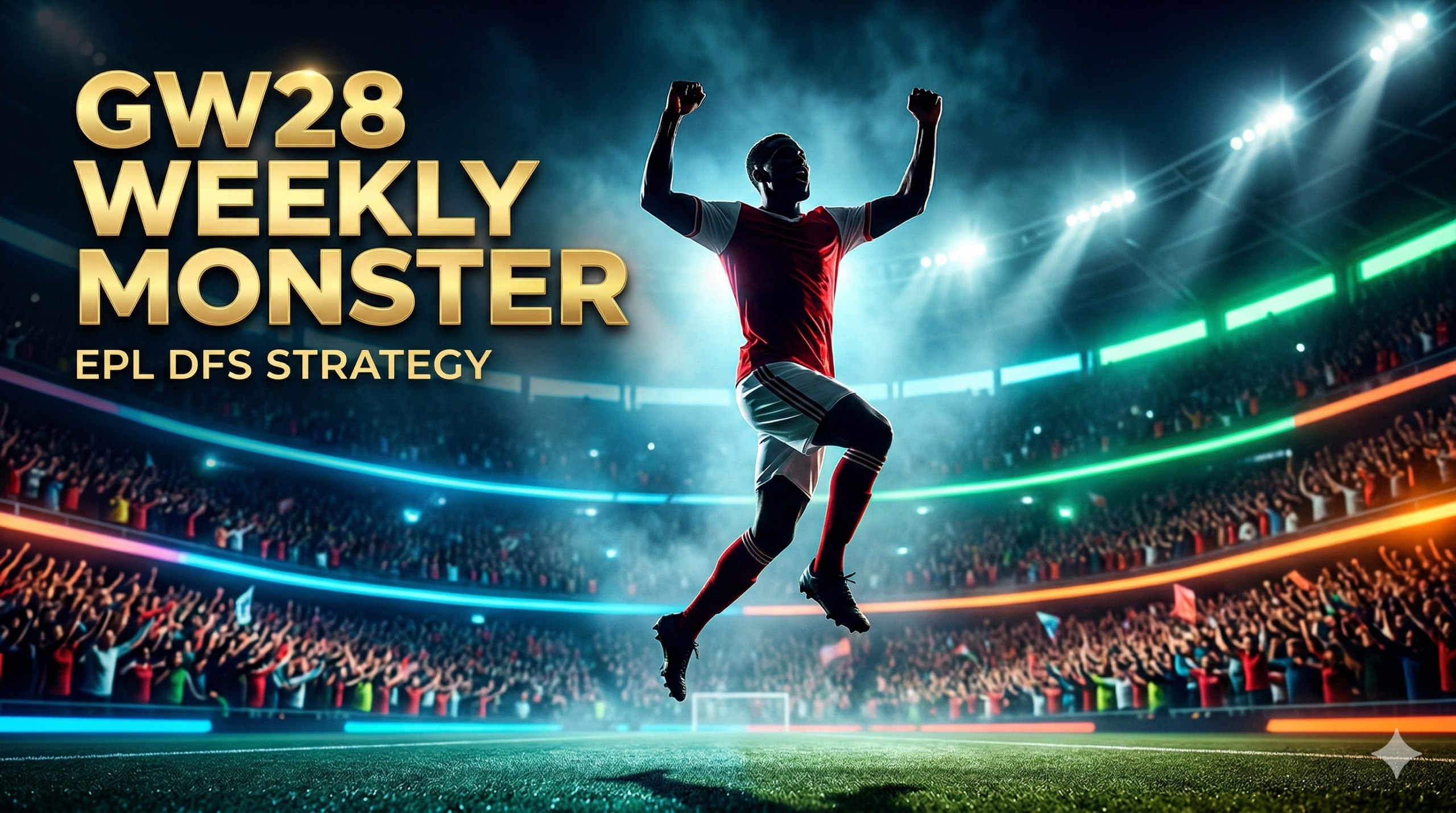 A high-action Premier League match at Anfield with a Liverpool player driving past a defender, featuring a "GW28 Weekly Monster" graphic overlay for FanTeam DFS strategy.