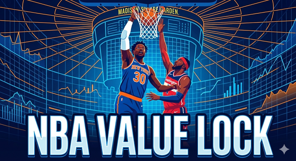 Vector illustration of a New York Knicks player dunking for NBA DFS Picks, with text NBA VALUE LOCK