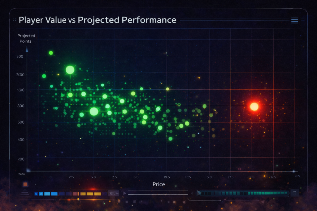 Moneyball-style EPL analytics dashboard showing player value versus projected performance with green high-value nodes and a red isolated fade node for Weekly Monster Week 27 analysis.