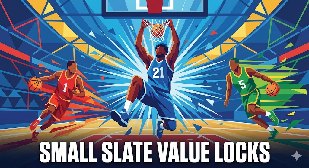 A dynamic vector sports illustration showing three basketball players.Text Smal Slate Value Locks