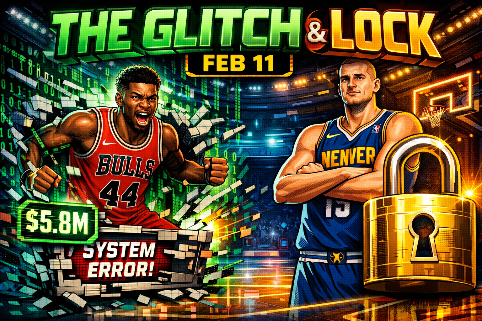 NBA DFS Picks Feb 11 illustration showing Patrick Williams of the Bulls bursting out of a system error box as a pricing glitch, next to Nikola Jokic of the Nuggets standing beside a gold padlock.