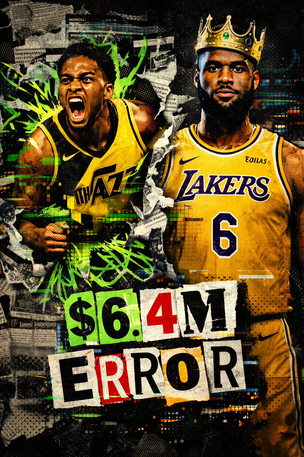 Mixed media collage of Vince Williams Jr bursting from a glitch background with a $6.4M price tag next to LeBron James for NBA DFS Feb 12.