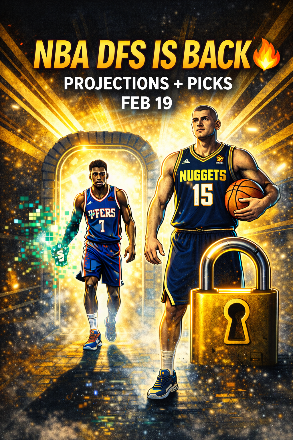 Comic book style illustration of Adem Bona (Sixers) bursting through a digital screen as a minimum price glitch next to Nikola Jokic (Nuggets) standing beside a gold lock for NBA DFS Feb 19.