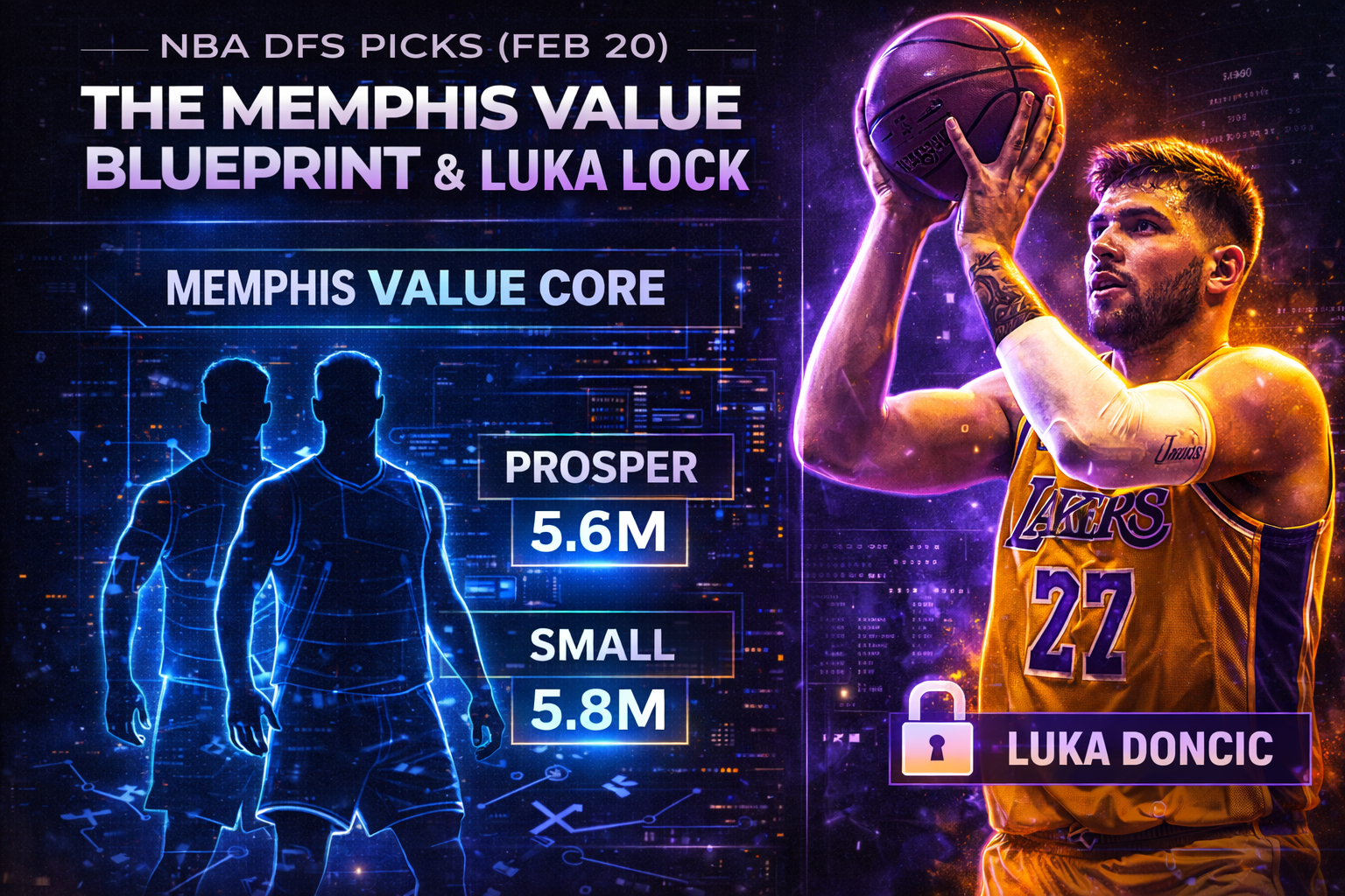 NBA DFS Picks Feb 20 cover graphic showing Memphis value core players as neon blueprint silhouettes alongside Luka Doncic highlighted as the premium lock play in a tactical sports analytics style.