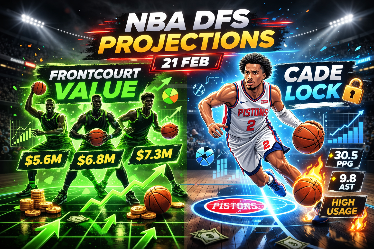 Tactical neon blueprint graphic highlighting Andre Drummond and O-Max Prosper as value plays next to Cade Cunningham for the NBA DFS Saturday slate.