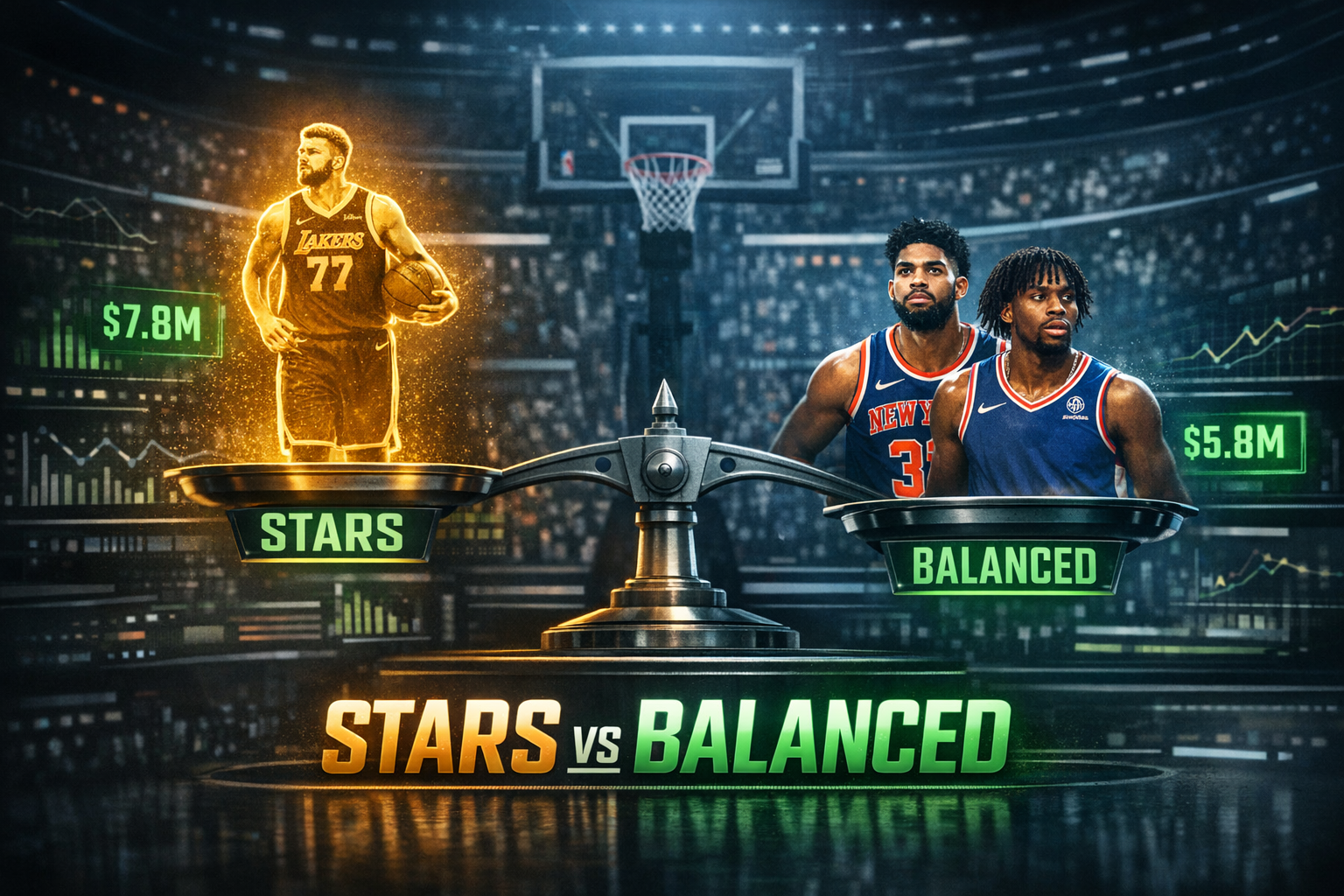 Analytical sports graphic for the 11-game NBA DFS slate on Feb 24 comparing a Luka Doncic build versus a balanced KAT and Maxey roster.