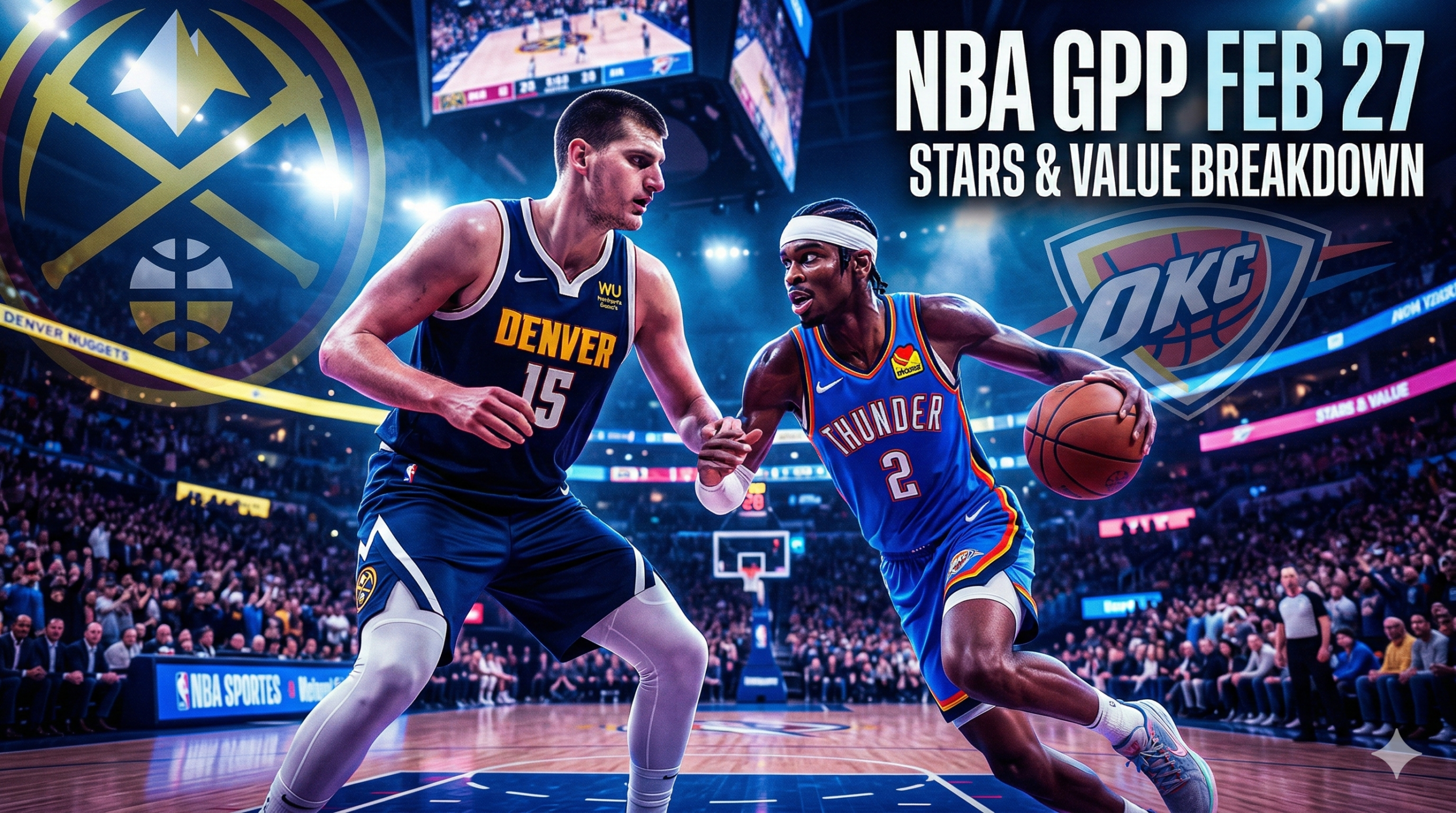 NBA DFS editorial graphic for February 27, 2026, featuring silhouettes of Nikola Jokic and Shai Gilgeous-Alexander with 'NBA GPP FEB 27' text overlay.