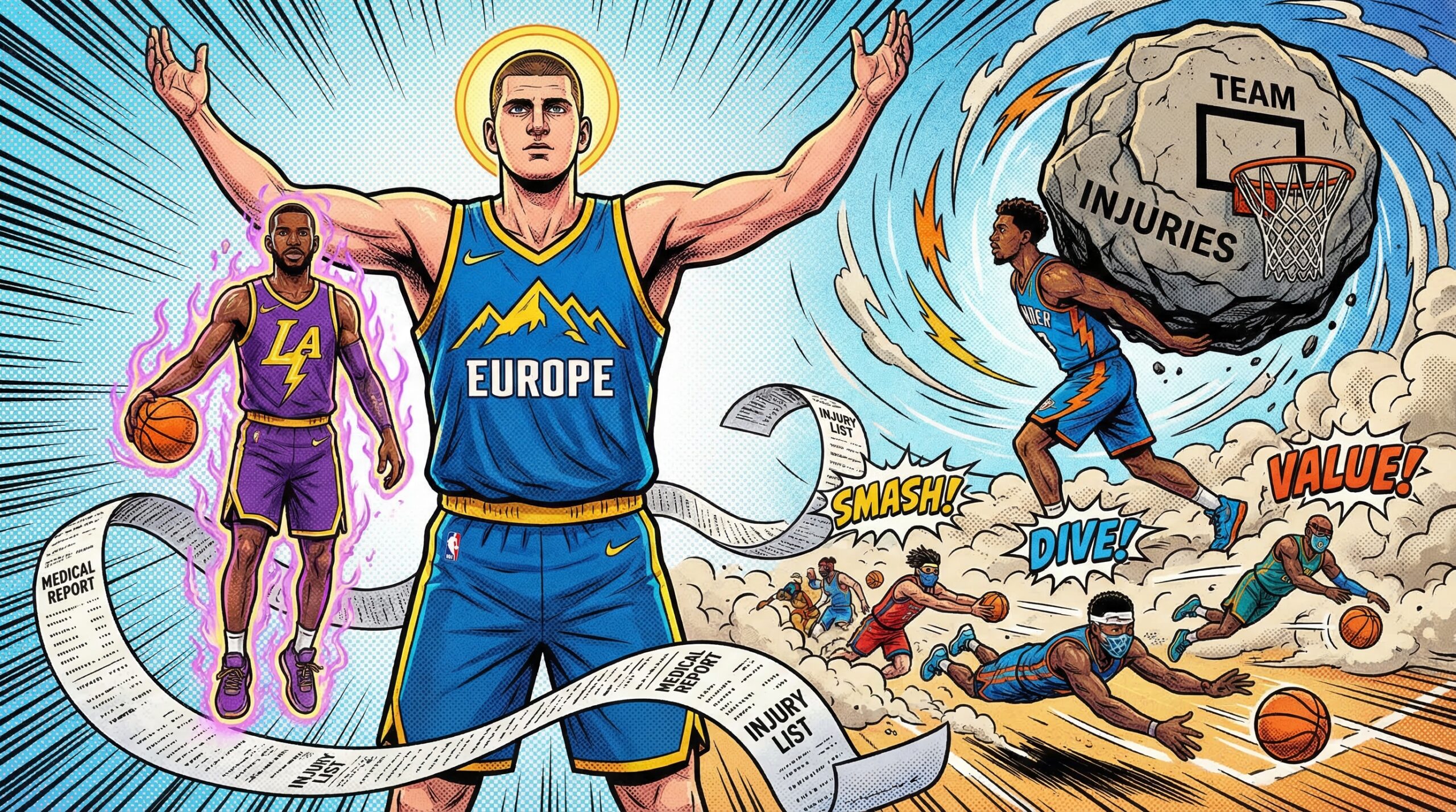 A comic book style infographic highlighting the top FanTeam NBA DFS projections for the wild March 18th slate. It features elite spend-up options Nikola Jokic and Luka Doncic , alongside crucial value gems like Ayo Dosunmu and Bones Hyland stepping up due to the massive injury chaos surrounding the Indiana Pacers and Oklahoma City Thunder