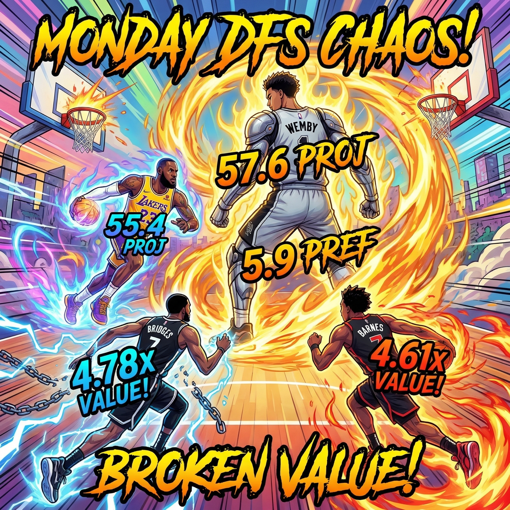 An epic anime-style infographic highlighting the top FanTeam NBA DFS picks for Monday, featuring elite anchors Victor Wembanyama and Luka Doncic alongside broken value plays E.J. Liddell and Jamal Shead.