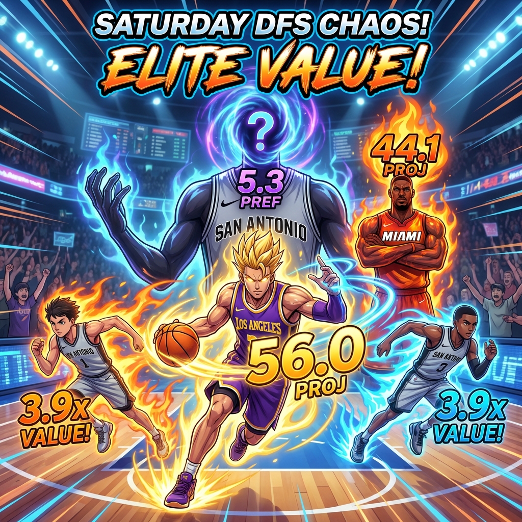 An epic anime-style infographic highlighting top FanTeam NBA DFS picks for Saturday, featuring Luka Doncic, Victor Wembanyama, Bam Adebayo, and elite Spurs value plays.