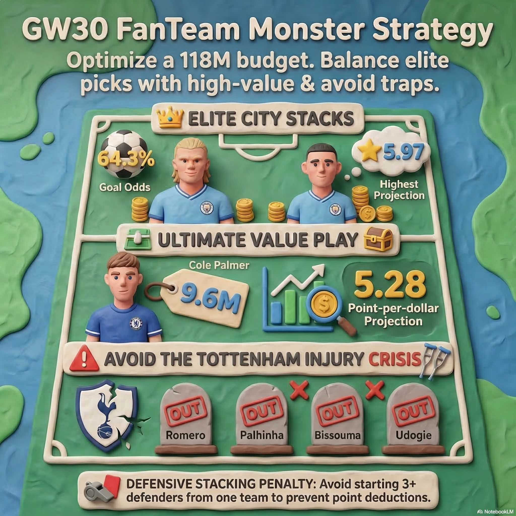 A fun clay-style infographic about the Premier League Gameweek 30 Monster on FanTeam. Highlight elite tier targets like Erling Haaland and Phil Foden, top value plays like Cole Palmer, and critical injury news for clubs like Tottenham Hotspur.