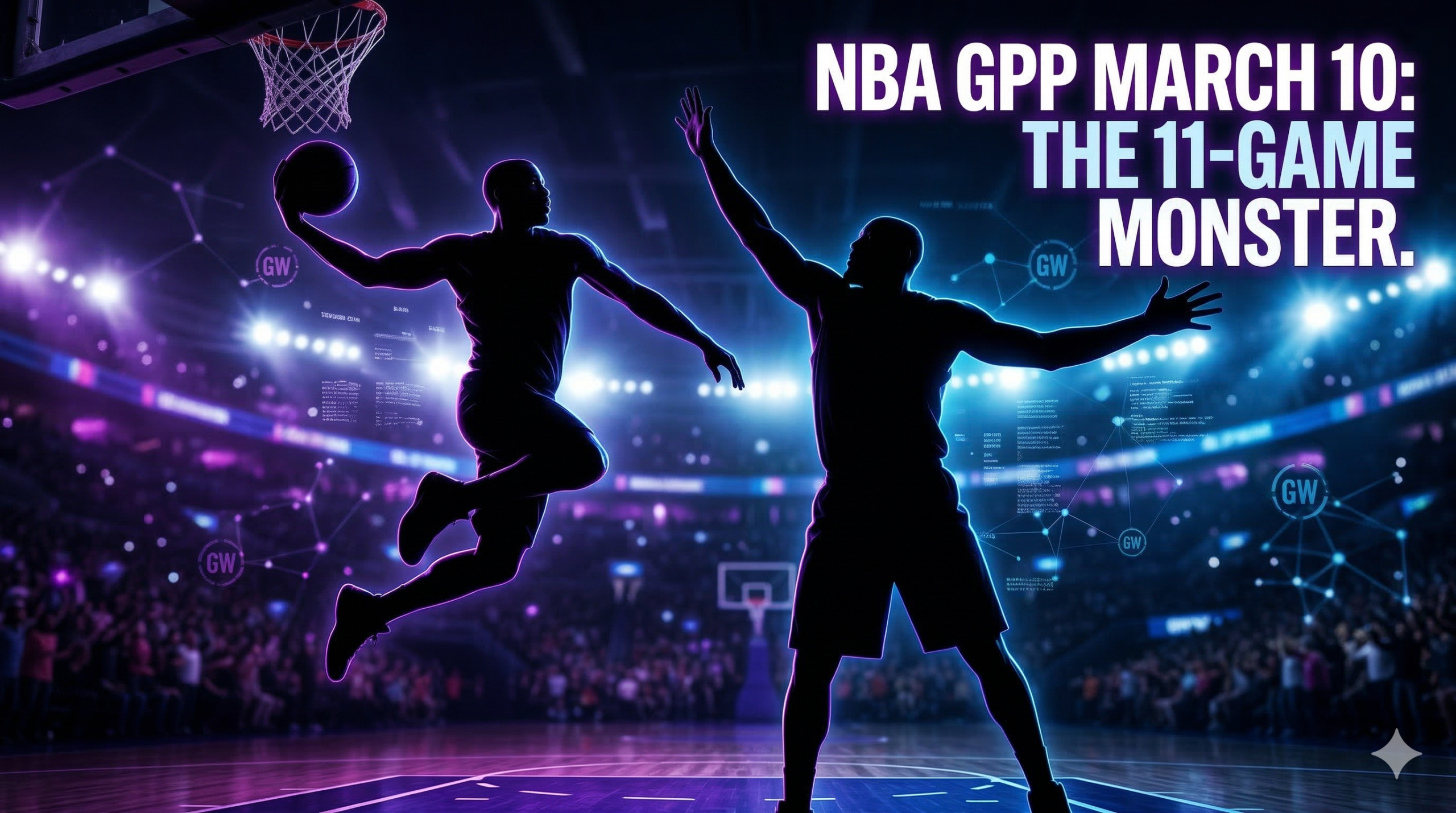 Professional NBA DFS editorial graphic for March 10, 2026, showing generic high-action basketball silhouettes against a neon-lit arena with "NBA GPP March 10: The 11-Game Monster