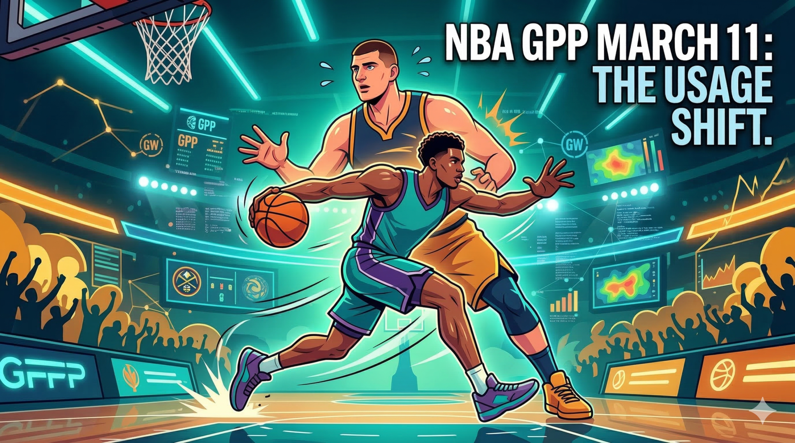 Vibrant cartoon-style NBA DFS editorial graphic for March 11, 2026, featuring stylized basketball players and data-driven court overlays with "NBA GPP March 11: The Usage Shift" text.