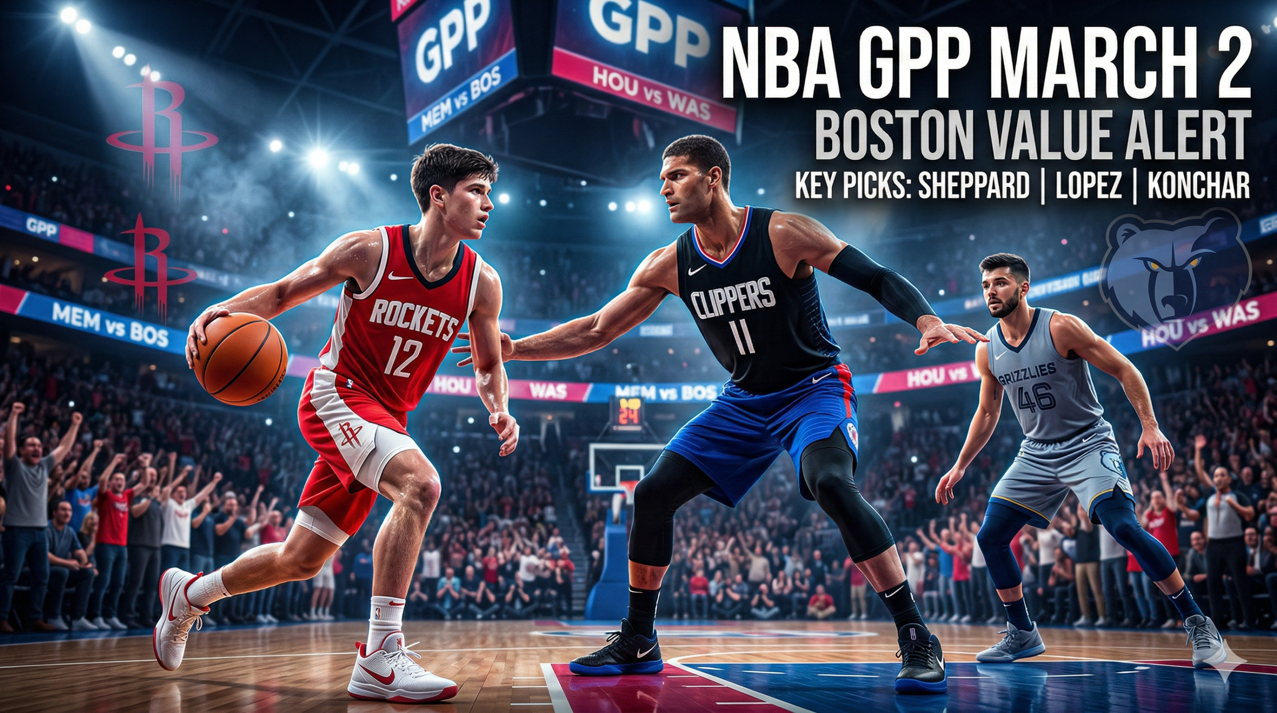 Professional NBA DFS graphic for March 2, 2026, featuring Reed Sheppard and Brook Lopez in action with "Boston Value Alert" text overlay.