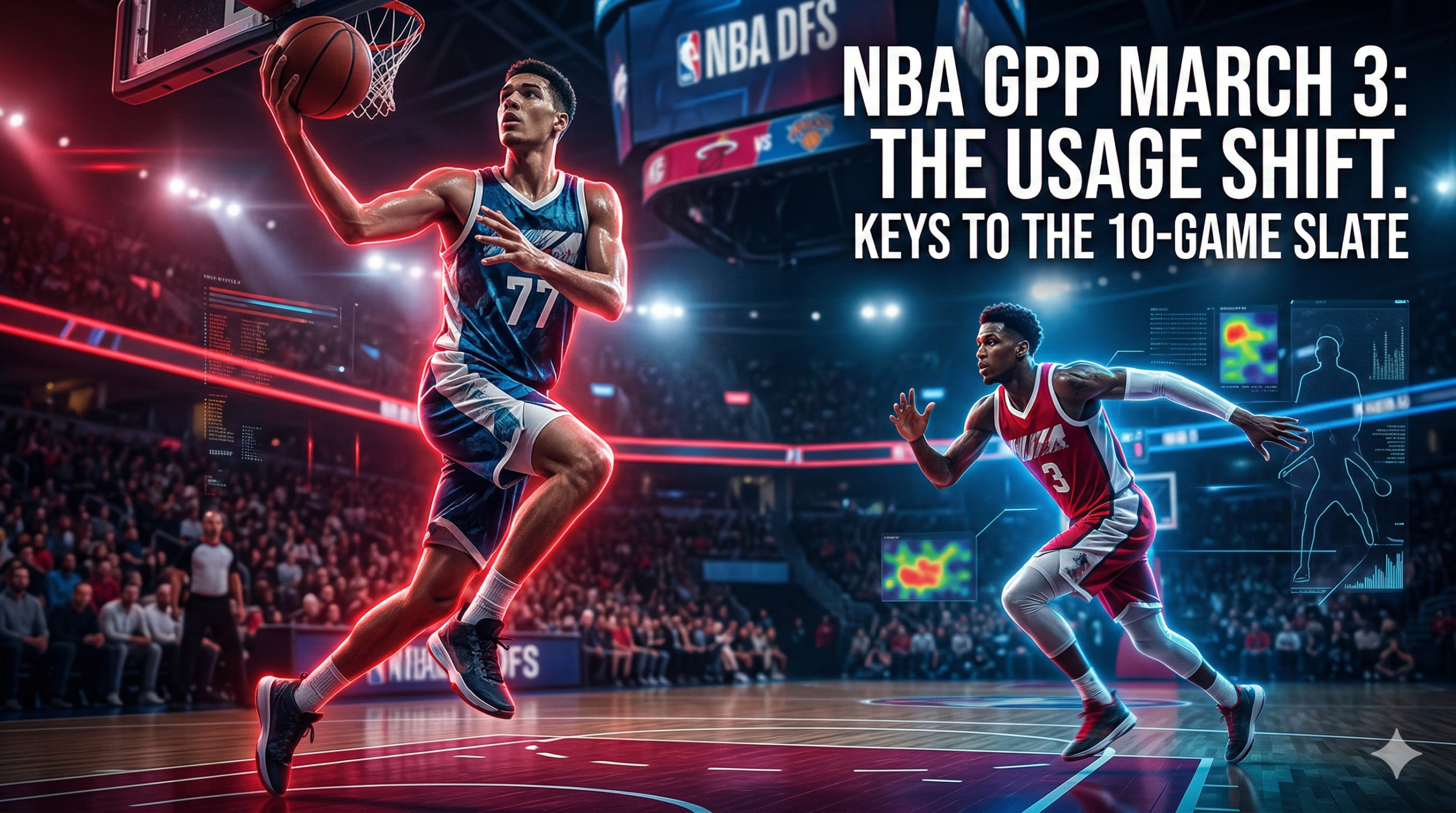 Professional NBA DFS editorial graphic for March 3, 2026, showing generic high-action basketball players and a data-driven arena background with "NBA GPP March 3: The Usage Shift" text.