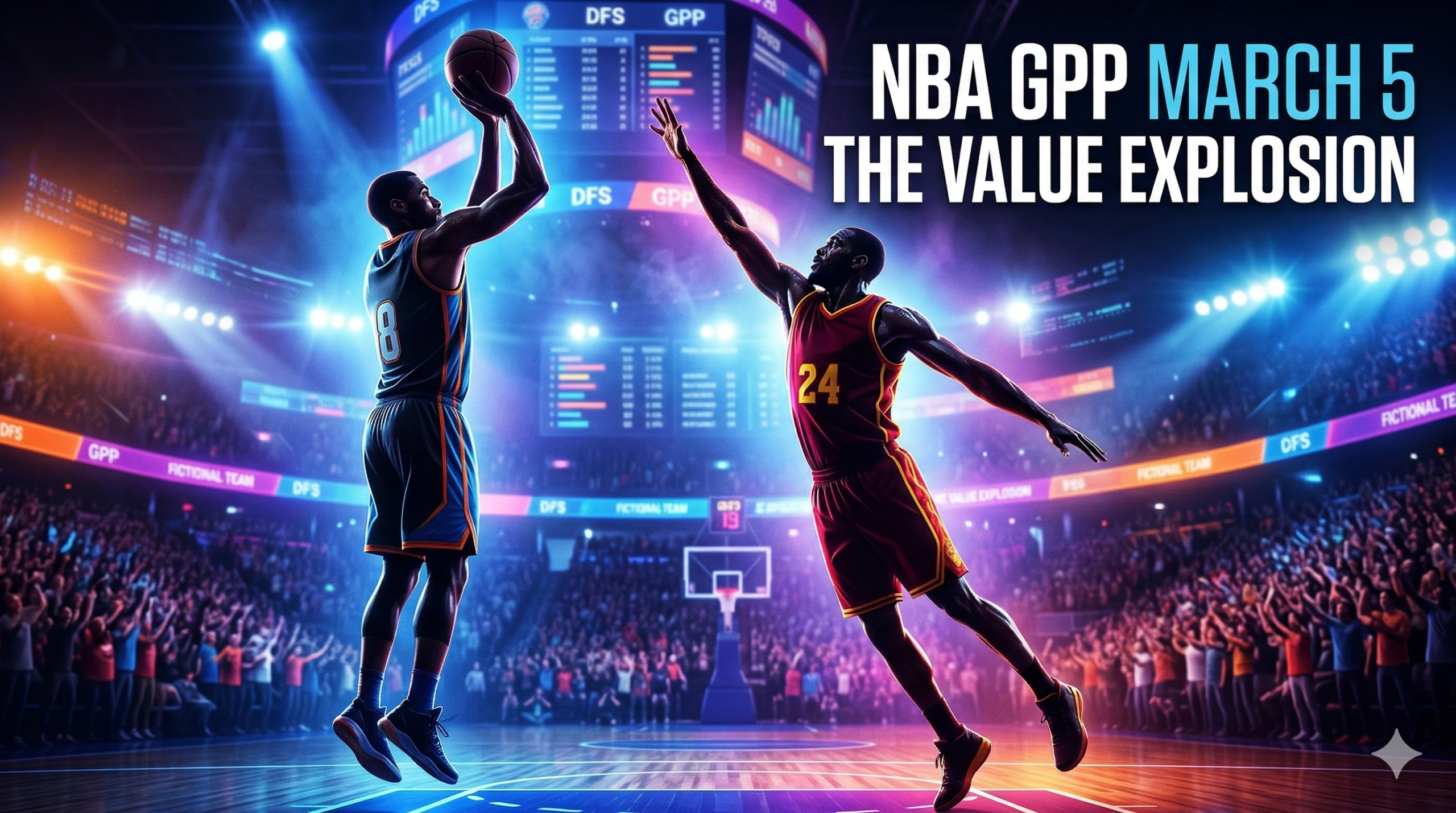 Professional NBA DFS editorial graphic for March 5, 2026, showing generic basketball players in a high-action shot with "NBA GPP March 5: The Value Explosion" text.