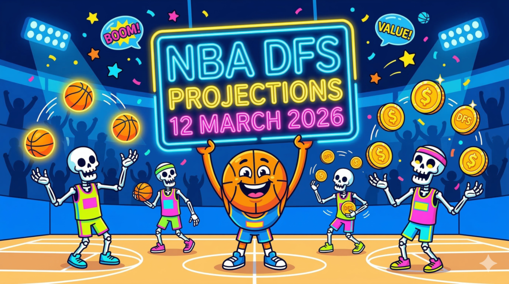 A fun and colorful cartoon illustration for NBA DFS on March 12, 2026. Quirky skeleton basketball players in vibrant jerseys juggle glowing basketballs and oversized coins. A cheerful mascot in the center holds a bright neon sign that reads 'NBA DFS PROJECTIONS 12 MARCH' against a playful, high-energy background.