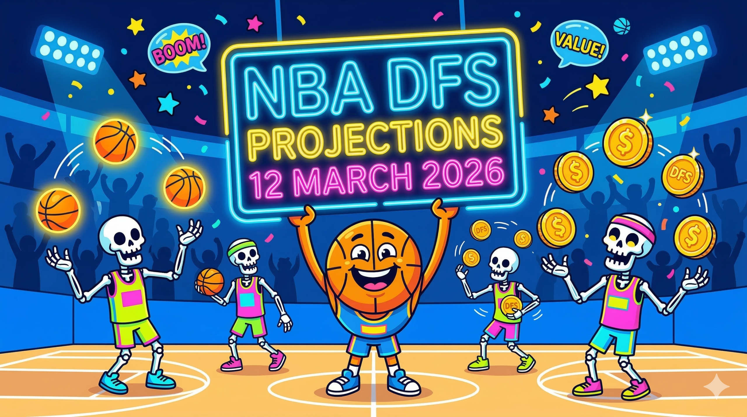 A fun and colorful cartoon illustration for NBA DFS on March 12, 2026. Quirky skeleton basketball players in vibrant jerseys juggle glowing basketballs and oversized coins. A cheerful mascot in the center holds a bright neon sign that reads 'NBA DFS PROJECTIONS 12 MARCH' against a playful, high-energy background.