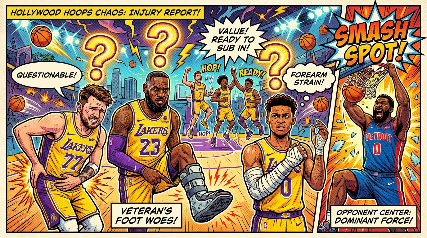 A comic book style infographic illustrating the wild "Hollywood Conundrum" on the March 19th FanTeam NBA DFS slate. The image features Los Angeles Lakers superstars Luka Doncic, LeBron James, and Austin Reaves battling respective hip, foot, and forearm injuries , while crucial budget value plays like Deandre Ayton and Marcus Smart eagerly wait to sub in