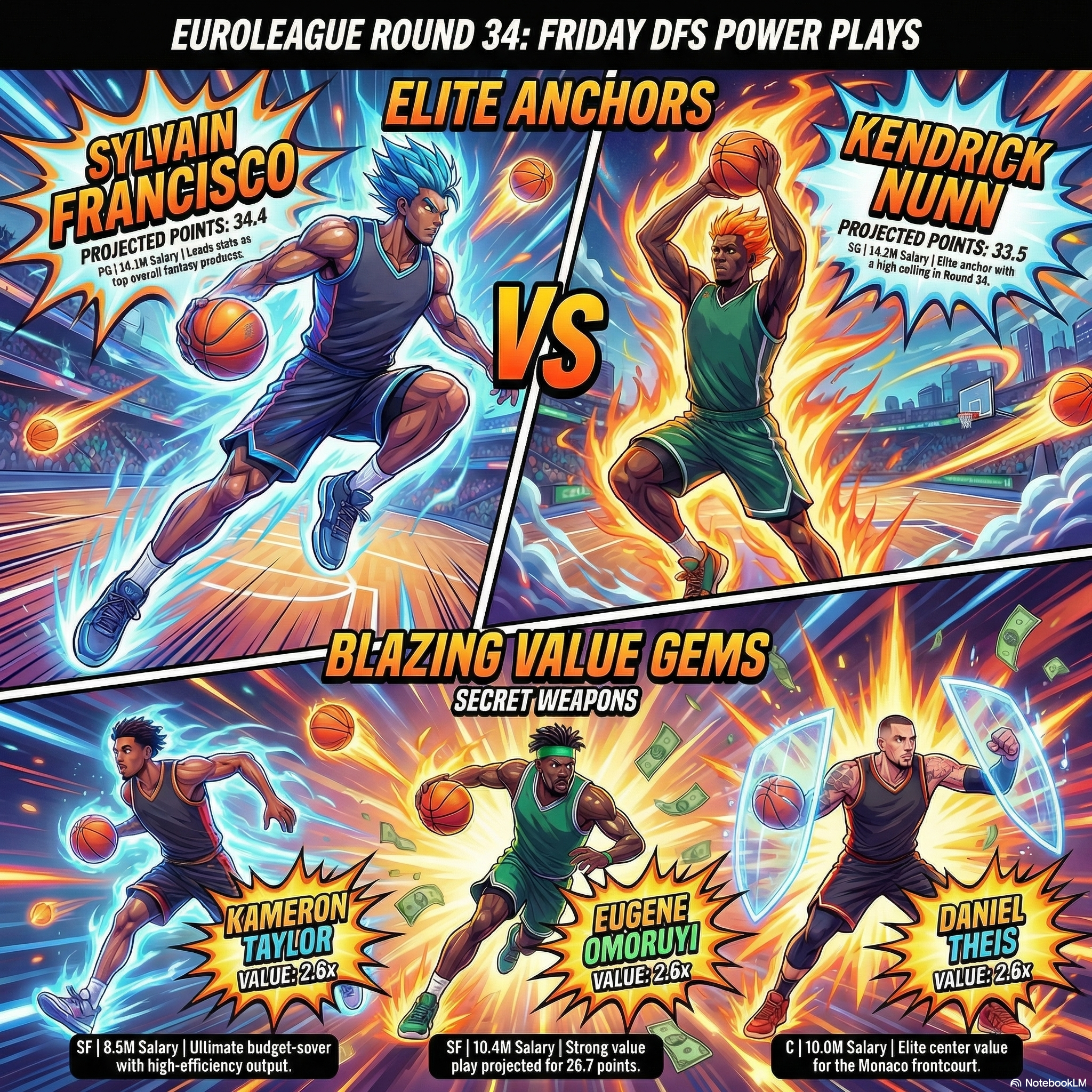 A data-driven infographic illustrating the optimal FanTeam EuroLeague DFS strategy for the Round 34 Friday slate, highlighting top projected anchors like Sylvain Francisco and Kendrick Nunn alongside key value plays stepping up for injured stars