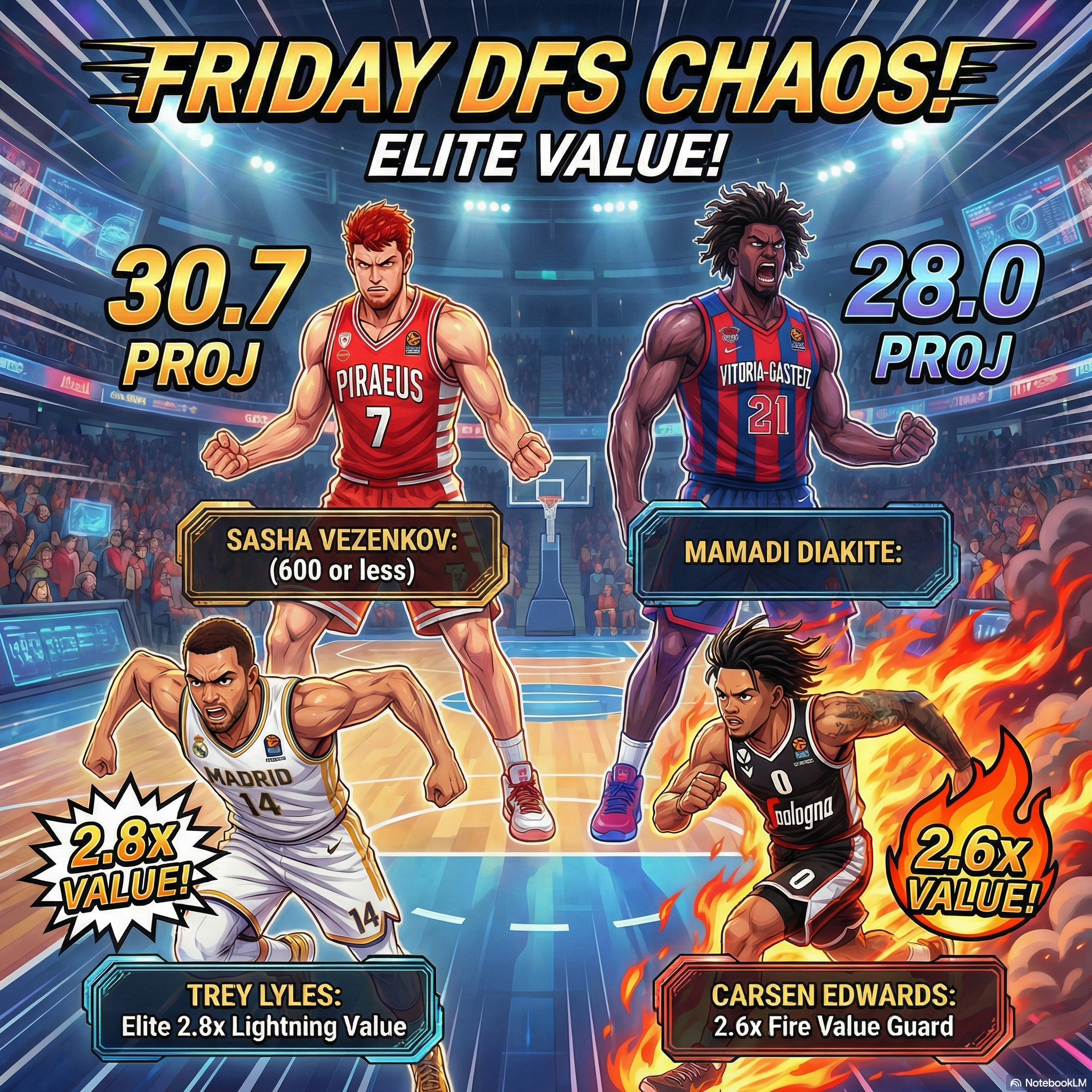 An epic anime-style infographic highlighting the top FanTeam EuroLeague DFS picks for the Round 35 Friday slate, featuring elite anchors Sasha Vezenkov and Mamadi Diakite alongside massive value gems like Trey Lyles and Carsen Edwards